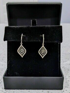 10K White Gold With Black And White Diamonds Drop Earrings
